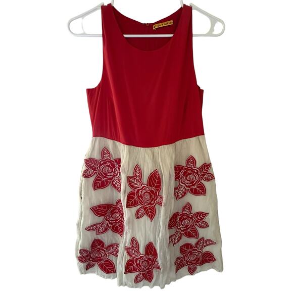 Alice + OliviaSize S Red Silk Blend Floral Embroidered Patch Dress Sleeveless